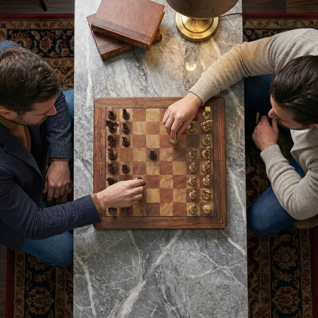 Folding Mahogany Chess Set with Brass Pieces