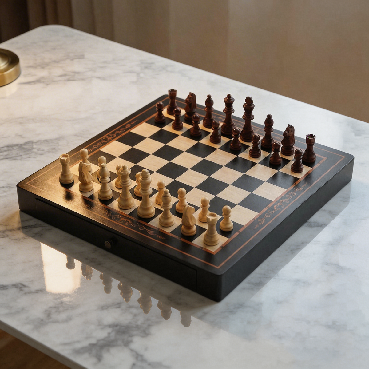 Walnut and Maple Chess Set with Drawers