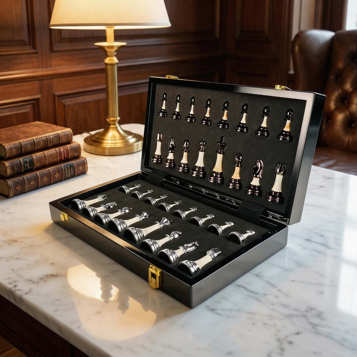 Folding Ebony Chess Set with Metal Pieces