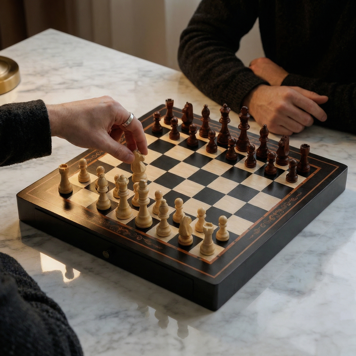 Walnut and Maple Chess Set with Drawers