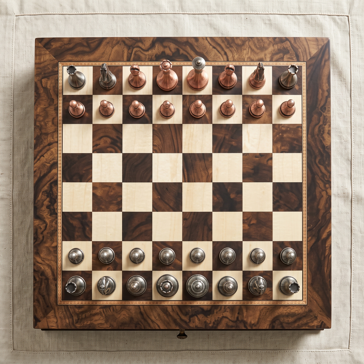 Walnut Burl and Maple Chess Set with Drawers