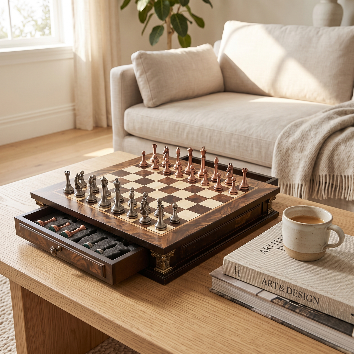 Walnut Burl and Maple Chess Set with Drawers