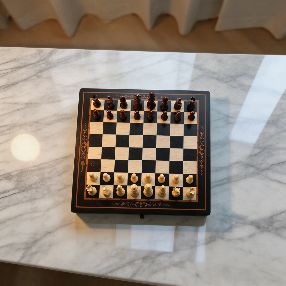 Walnut and Maple Chess Set with Drawers