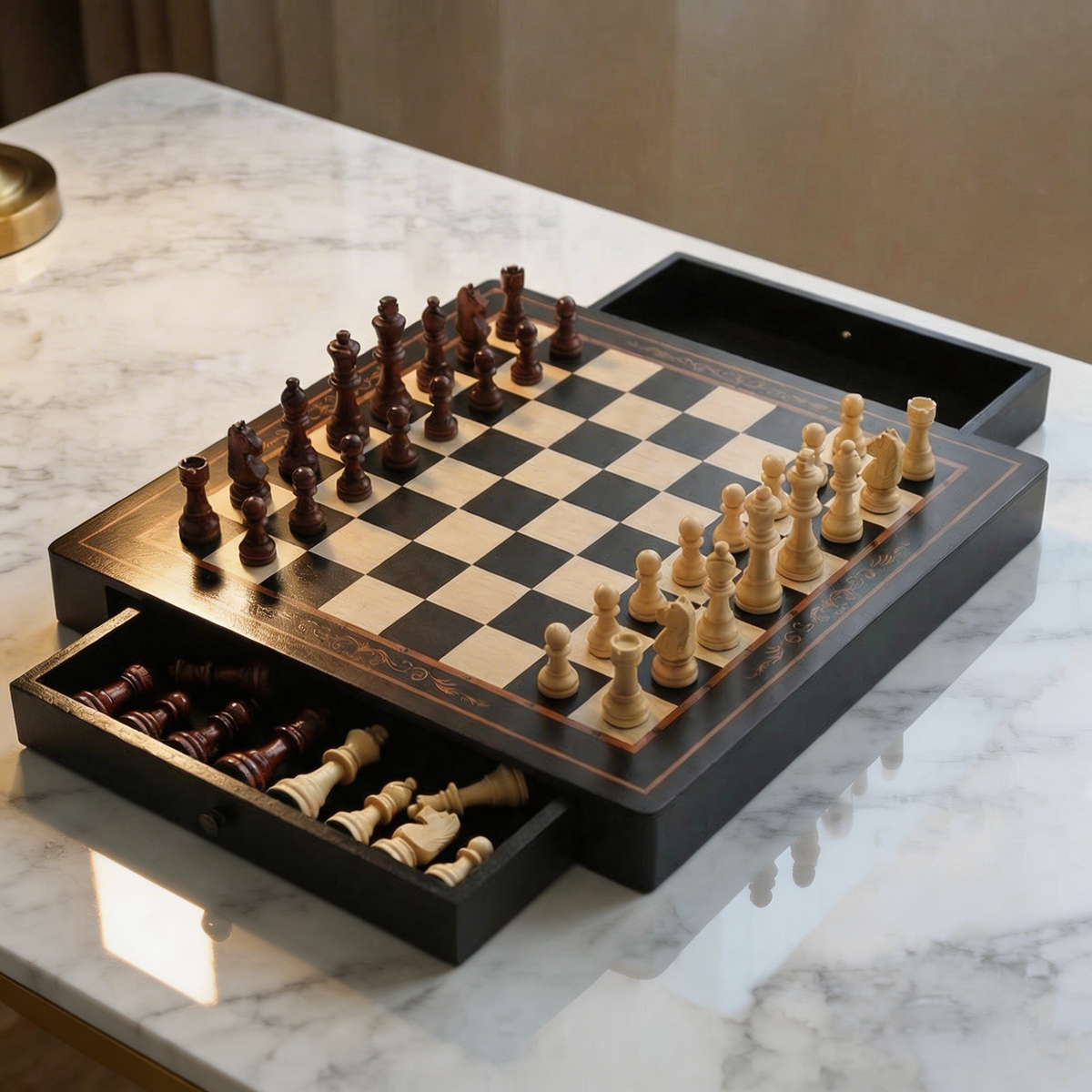 Walnut and Maple Chess Set with Drawers