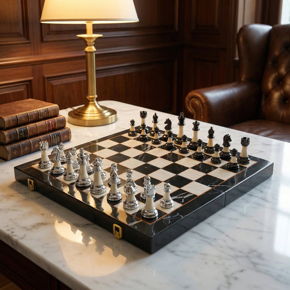 Folding Ebony Chess Set with Metal Pieces