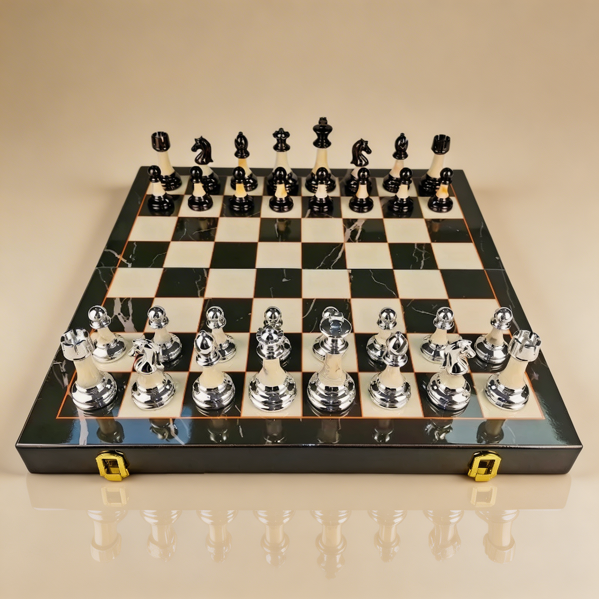 Folding Ebony Chess Set with Metal Pieces