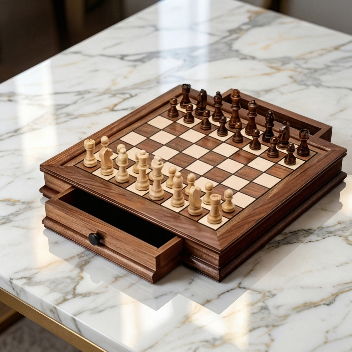 Walnut Chess Set with Drawers