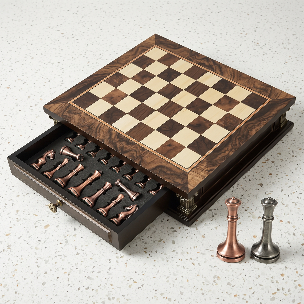 Walnut Burl and Maple Chess Set with Drawers