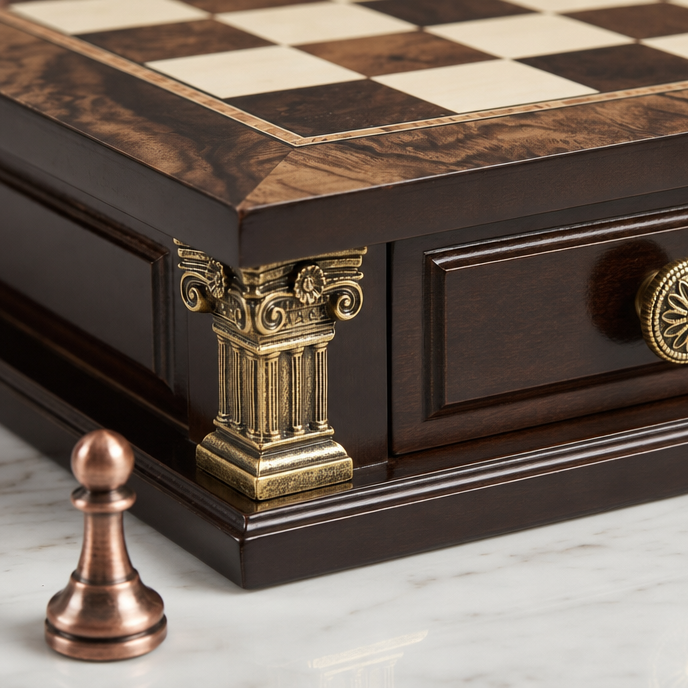 Walnut Burl and Maple Chess Set with Drawers