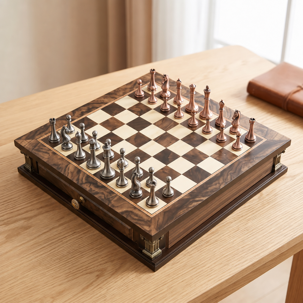 Walnut Burl and Maple Chess Set with Drawers